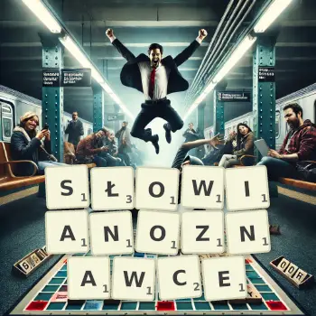 Kreatywna ilustracja do gry w Scrabble ze słowem SŁOWIANOZNAWCE ułożonym z płytek na planszy.