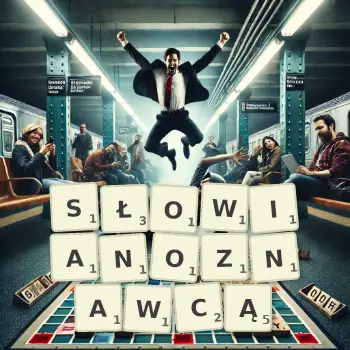 Kreatywna ilustracja do gry w Scrabble ze słowem SŁOWIANOZNAWCĄ ułożonym z płytek na planszy.