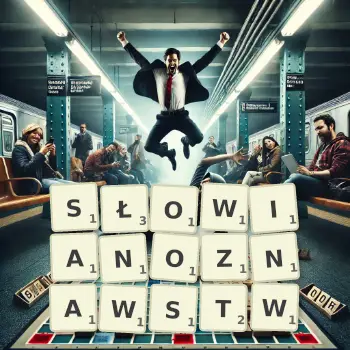 Kreatywna ilustracja do gry w Scrabble ze słowem SŁOWIANOZNAWSTW ułożonym z płytek na planszy.