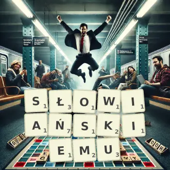 Kreatywna ilustracja do gry w Scrabble ze słowem SŁOWIAŃSKIEMU ułożonym z płytek na planszy.