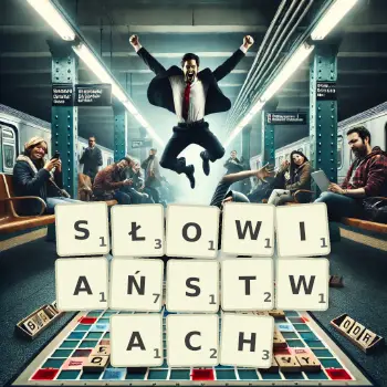 Kreatywna ilustracja do gry w Scrabble ze słowem SŁOWIAŃSTWACH ułożonym z płytek na planszy.