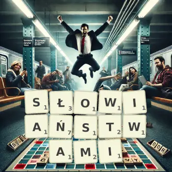 Kreatywna ilustracja do gry w Scrabble ze słowem SŁOWIAŃSTWAMI ułożonym z płytek na planszy.