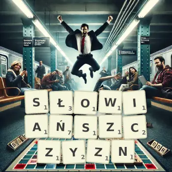 Kreatywna ilustracja do gry w Scrabble ze słowem SŁOWIAŃSZCZYZN ułożonym z płytek na planszy.