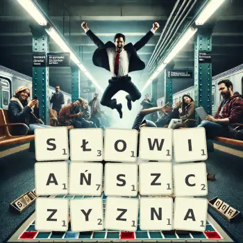 Kreatywna ilustracja do gry w Scrabble ze słowem SŁOWIAŃSZCZYZNA ułożonym z płytek na planszy.