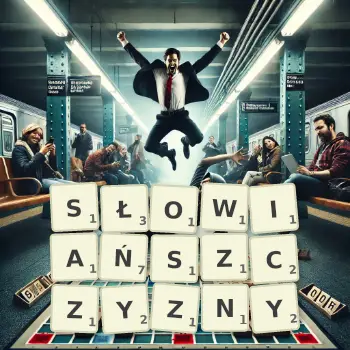 Kreatywna ilustracja do gry w Scrabble ze słowem SŁOWIAŃSZCZYZNY ułożonym z płytek na planszy.