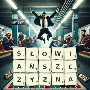 Kreatywna ilustracja do gry w Scrabble ze słowem SŁOWIAŃSZCZYZNĄ ułożonym z płytek na planszy.