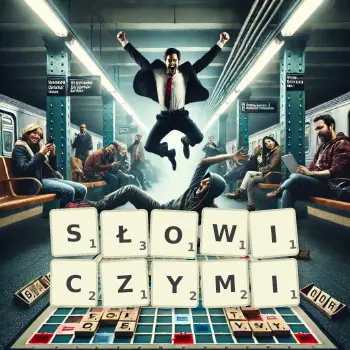 Kreatywna ilustracja do gry w Scrabble ze słowem SŁOWICZYMI ułożonym z płytek na planszy.