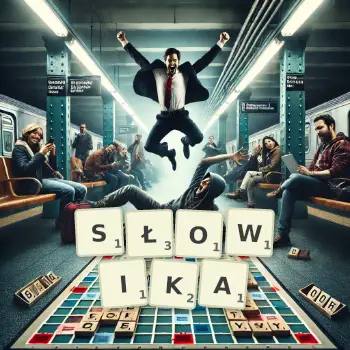 Kreatywna ilustracja do gry w Scrabble ze słowem SŁOWIKA ułożonym z płytek na planszy.