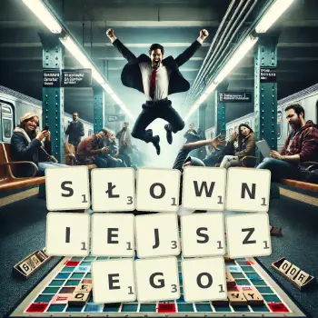 Kreatywna ilustracja do gry w Scrabble ze słowem SŁOWNIEJSZEGO ułożonym z płytek na planszy.