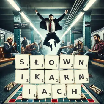 Kreatywna ilustracja do gry w Scrabble ze słowem SŁOWNIKARNIACH ułożonym z płytek na planszy.