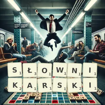 Kreatywna ilustracja do gry w Scrabble ze słowem SŁOWNIKARSKI ułożonym z płytek na planszy.