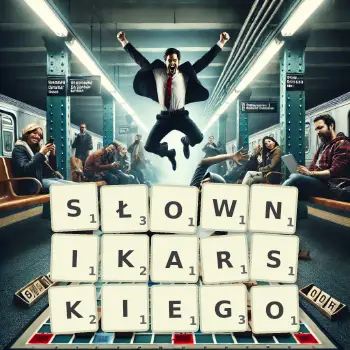 Kreatywna ilustracja do gry w Scrabble ze słowem SŁOWNIKARSKIEGO ułożonym z płytek na planszy.