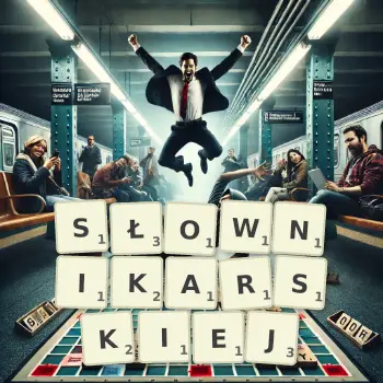 Kreatywna ilustracja do gry w Scrabble ze słowem SŁOWNIKARSKIEJ ułożonym z płytek na planszy.