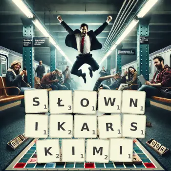 Kreatywna ilustracja do gry w Scrabble ze słowem SŁOWNIKARSKIMI ułożonym z płytek na planszy.