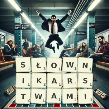 Kreatywna ilustracja do gry w Scrabble ze słowem SŁOWNIKARSTWAMI ułożonym z płytek na planszy.