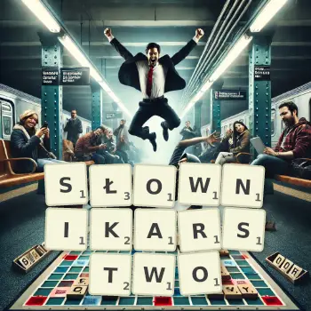 Kreatywna ilustracja do gry w Scrabble ze słowem SŁOWNIKARSTWO ułożonym z płytek na planszy.