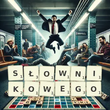 Kreatywna ilustracja do gry w Scrabble ze słowem SŁOWNIKOWEGO ułożonym z płytek na planszy.
