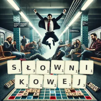 Kreatywna ilustracja do gry w Scrabble ze słowem SŁOWNIKOWEJ ułożonym z płytek na planszy.