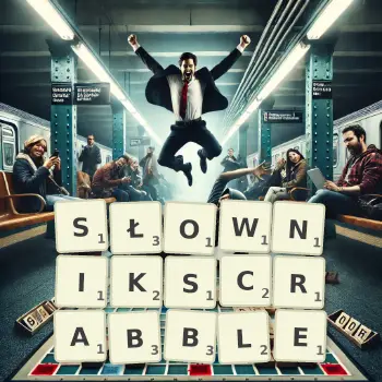 Kreatywna ilustracja do gry w Scrabble ze słowem SŁOWNIKSCRABBLE ułożonym z płytek na planszy.