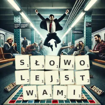 Kreatywna ilustracja do gry w Scrabble ze słowem SŁOWOLEJSTWAMI ułożonym z płytek na planszy.