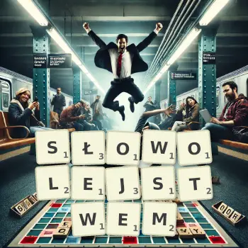 Kreatywna ilustracja do gry w Scrabble ze słowem SŁOWOLEJSTWEM ułożonym z płytek na planszy.
