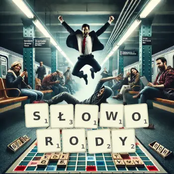 Kreatywna ilustracja do gry w Scrabble ze słowem SŁOWORODY ułożonym z płytek na planszy.