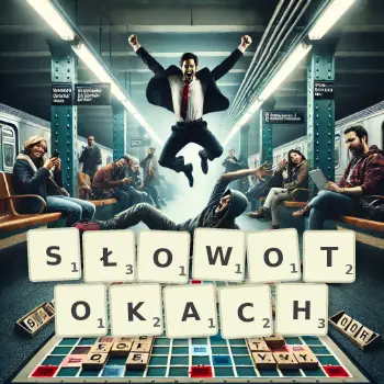 Kreatywna ilustracja do gry w Scrabble ze słowem SŁOWOTOKACH ułożonym z płytek na planszy.