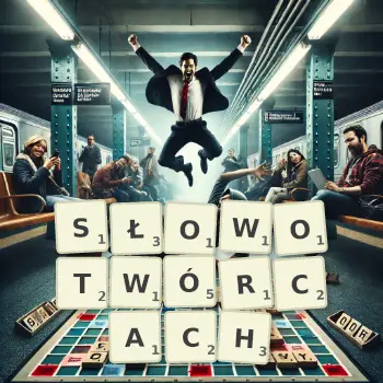 Kreatywna ilustracja do gry w Scrabble ze słowem SŁOWOTWÓRCACH ułożonym z płytek na planszy.