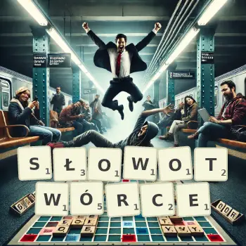 Kreatywna ilustracja do gry w Scrabble ze słowem SŁOWOTWÓRCE ułożonym z płytek na planszy.