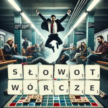 Kreatywna ilustracja do gry w Scrabble ze słowem SŁOWOTWÓRCZE ułożonym z płytek na planszy.