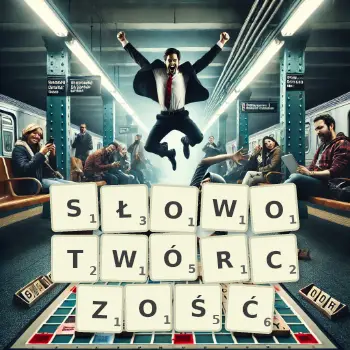 Kreatywna ilustracja do gry w Scrabble ze słowem SŁOWOTWÓRCZOŚĆ ułożonym z płytek na planszy.