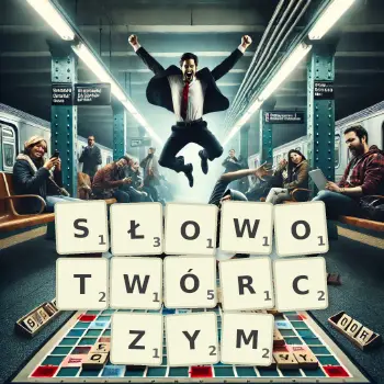 Kreatywna ilustracja do gry w Scrabble ze słowem SŁOWOTWÓRCZYM ułożonym z płytek na planszy.