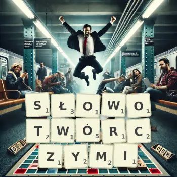 Kreatywna ilustracja do gry w Scrabble ze słowem SŁOWOTWÓRCZYMI ułożonym z płytek na planszy.