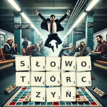 Kreatywna ilustracja do gry w Scrabble ze słowem SŁOWOTWÓRCZYŃ ułożonym z płytek na planszy.