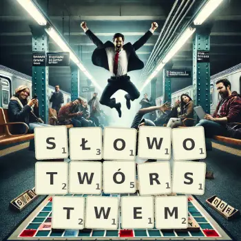 Kreatywna ilustracja do gry w Scrabble ze słowem SŁOWOTWÓRSTWEM ułożonym z płytek na planszy.