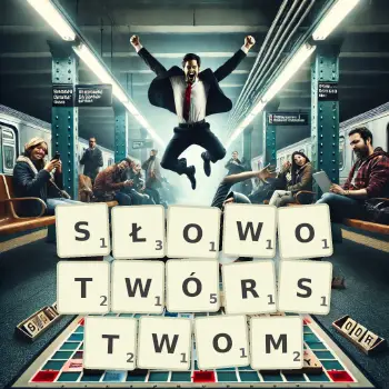 Kreatywna ilustracja do gry w Scrabble ze słowem SŁOWOTWÓRSTWOM ułożonym z płytek na planszy.