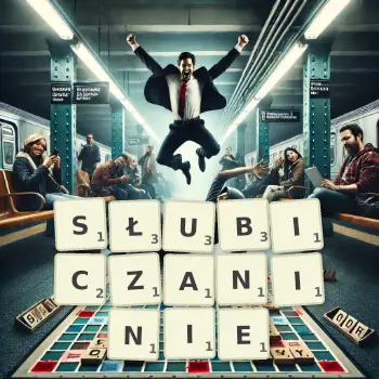 Kreatywna ilustracja do gry w Scrabble ze słowem SŁUBICZANINIE ułożonym z płytek na planszy.