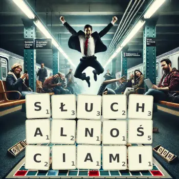 Kreatywna ilustracja do gry w Scrabble ze słowem SŁUCHALNOŚCIAMI ułożonym z płytek na planszy.