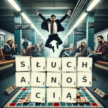 Kreatywna ilustracja do gry w Scrabble ze słowem SŁUCHALNOŚCIĄ ułożonym z płytek na planszy.