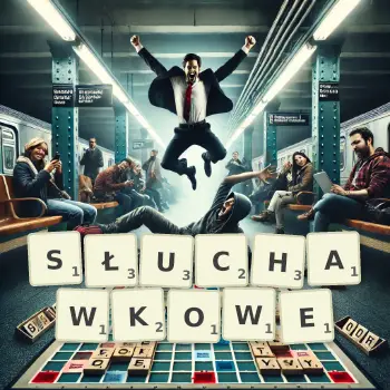 Kreatywna ilustracja do gry w Scrabble ze słowem SŁUCHAWKOWE ułożonym z płytek na planszy.