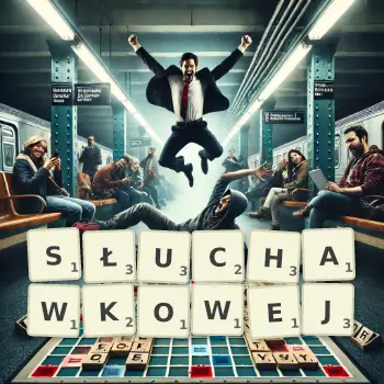 Kreatywna ilustracja do gry w Scrabble ze słowem SŁUCHAWKOWEJ ułożonym z płytek na planszy.