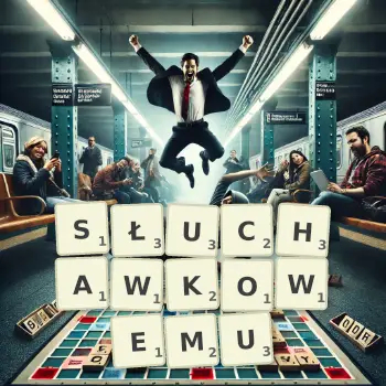 Kreatywna ilustracja do gry w Scrabble ze słowem SŁUCHAWKOWEMU ułożonym z płytek na planszy.