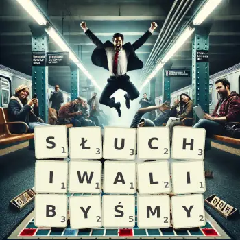 Kreatywna ilustracja do gry w Scrabble ze słowem SŁUCHIWALIBYŚMY ułożonym z płytek na planszy.