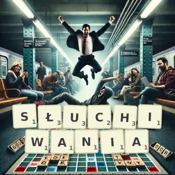 Kreatywna ilustracja do gry w Scrabble ze słowem SŁUCHIWANIA ułożonym z płytek na planszy.