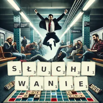 Kreatywna ilustracja do gry w Scrabble ze słowem SŁUCHIWANIE ułożonym z płytek na planszy.