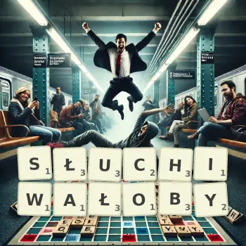 Kreatywna ilustracja do gry w Scrabble ze słowem SŁUCHIWAŁOBY ułożonym z płytek na planszy.