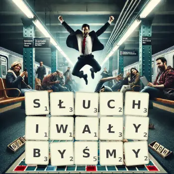 Kreatywna ilustracja do gry w Scrabble ze słowem SŁUCHIWAŁYBYŚMY ułożonym z płytek na planszy.