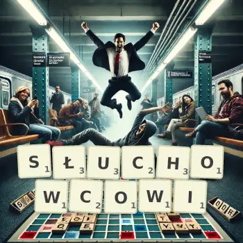 Kreatywna ilustracja do gry w Scrabble ze słowem SŁUCHOWCOWI ułożonym z płytek na planszy.