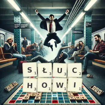 Kreatywna ilustracja do gry w Scrabble ze słowem SŁUCHOWI ułożonym z płytek na planszy.