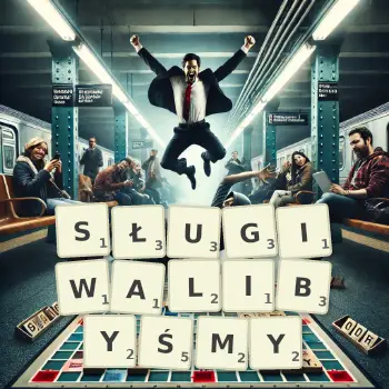 Kreatywna ilustracja do gry w Scrabble ze słowem SŁUGIWALIBYŚMY ułożonym z płytek na planszy.